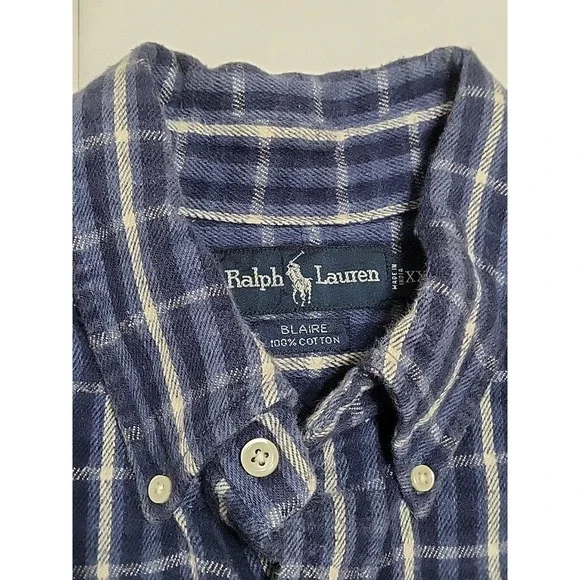 VTG Polo Ralph Lauren Blue Plaid Flannel Shirt Button Down BLAIRE Blue Pony XXL - Picture 3 of 8